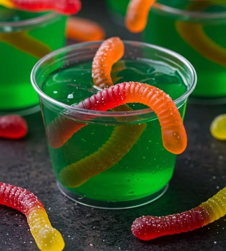Gelée verte aux vers de bonbons – Recette Halloween